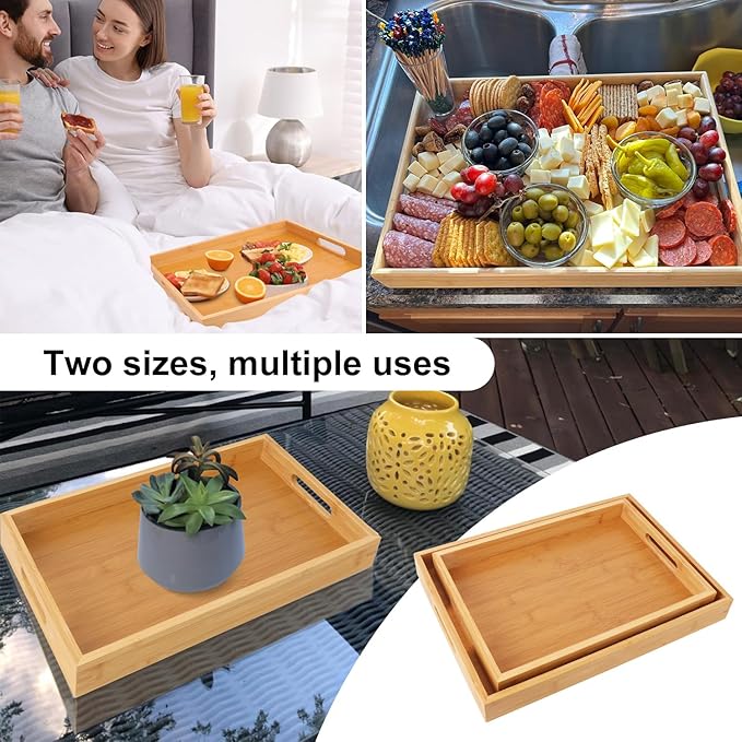 2 Pack Large Bamboo Serving Tray with Handles, 16 x 11.6 Inch and 14 x 10 inch Wooden Dinner Tray, Home Kitchen Breakfast Trays for Living Room Bedroom Kitchen Dinner Table, Picnic