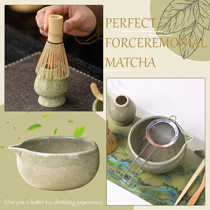 8 Pcs Matcha Whisk Set Chasen Matcha Whisk Bamboo Bowl with Spout Sifter Spoon Scoop Whisk Holder Bamboo Mat Complete Matcha Making Kit (9pcs-green)