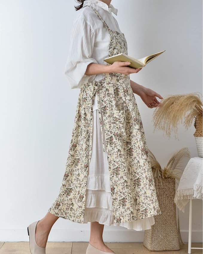 Japanese Cotton Linen Cross Back Apron with Pockets,Fashion Pinafore Dress for Gardening Painting Cleaning Cooking - Image 7