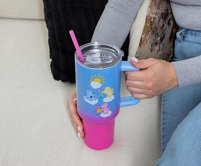 Silver Buffalo Care Bears Featuring Grumpy Bear, Funshine, and Love-A-Lot Bear Heart Showers Ombre Double Walled Stainless Steel Tumbler with Handle and Straw, Fits in Standard Cup Holder, 40 Ounces