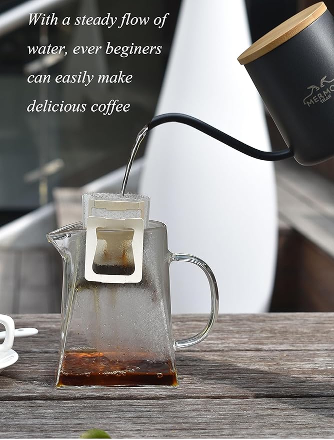 MERMOO YILAN Pour Over Coffee Kettle 12oz, Gooseneck, Wooden Lid, Precision Pouring,Single Serving, Sturdy Thicken 304 Stainless Steel, Dishwasher Safe, for Home, Camping, Travel, Office๏ผblack)