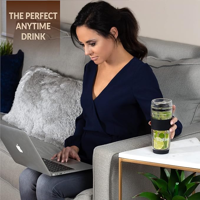 Tupkee Double Wall Glass Tumbler - 14-Ounce, All Glass Reusable Insulated Tea/Coffee Mug & Lid, Hand Blown Travel Mug - Black