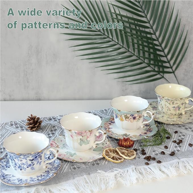 Vintage Floral Porcelain Tea Cup and Saucer Set with Spoon, Gold Trim, 6.4 oz – Set of 2, Teal – Tea & Espresso & Coffee Cups (2, Teal)