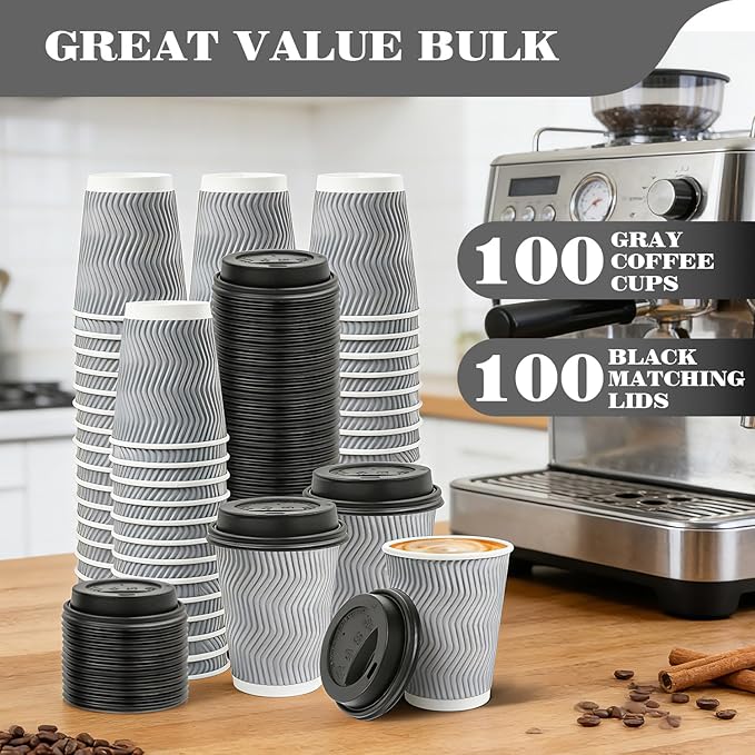 Ginkgo 100 Pack 8 oz Disposable Insulated Coffee Cups With Lids, Double-Walled Ripple To Go Paper Travel Cups for Hot Drinks - Gray