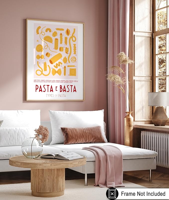 Poster Master Vintage Illustration Poster - Retro Food Print - Types of Pasta, Yellow, Spaghetti, Rotini, Penne - 11x14 UNFRAMED Wall Art - Gift for Artist, Chef - Wall Decor for Kitchen, Restaurant