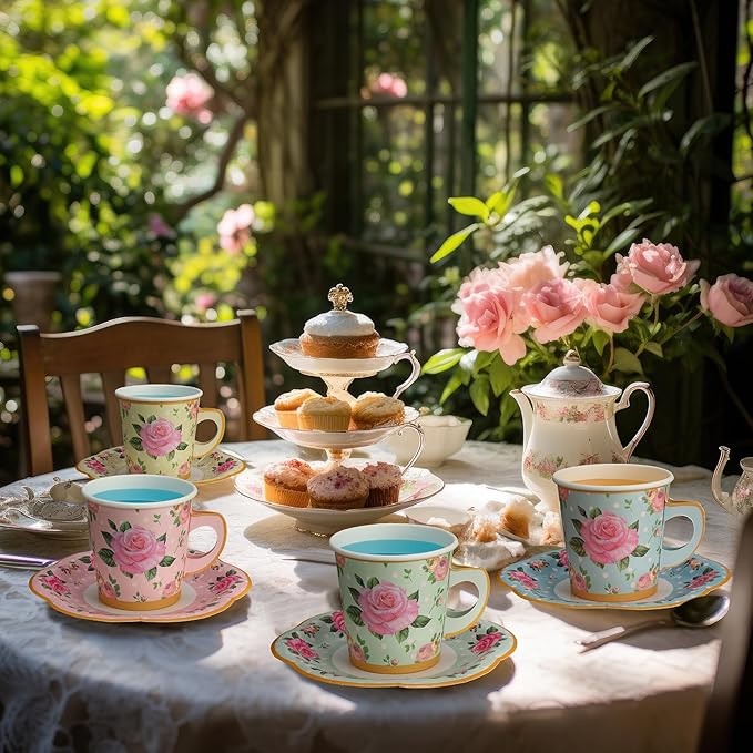 Umigy 36 Sets Tea Party Decorations 9 oz Floral Paper Tea Cups with Handle and Plates Disposable Blossom Teacups and Saucers Sets for Girls Kids Birthday Garden Wedding Party Supplies(Multicolored)