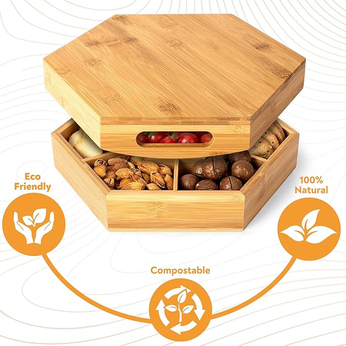 Snack Tray with Lid That Doubles as a Serving Tray ā 13"x11" Bamboo Wooden Dry Fruit Tray for Nuts & Candy, Decorative Trays for Home Decor, Coffee Table or Ottoman Use (Bamboo, 13"x11")