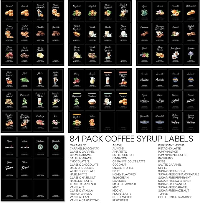KYONANO 84 Black Coffee Syrup Labels - Elegant Pattern Decor for Coffee Station, Waterproof Labels for Syrup Dispenser & Bottle Organization - Image 7