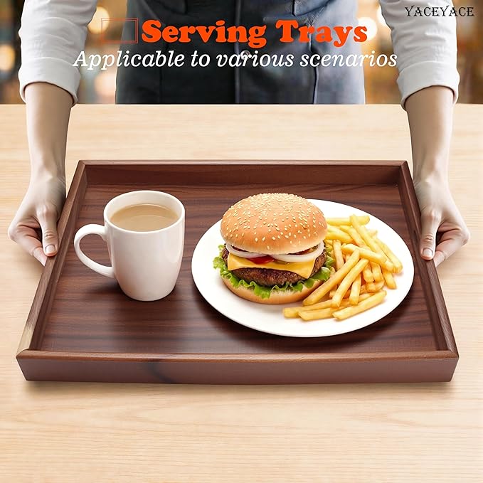 Wood Tray for Decor, 14"x10"x1.5" Wood Serving Trays with Handle, Medium Serving Tray for Ottoman Coffee Table, Home Decor, Party