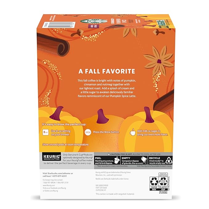 Starbucks K-Cup Coffee Pods, Pumpkin Spice Naturally Flavored Coffee for Keurig Brewers, 100% Arabica, Limited Edition, 6 Boxes (60 Pods Total)