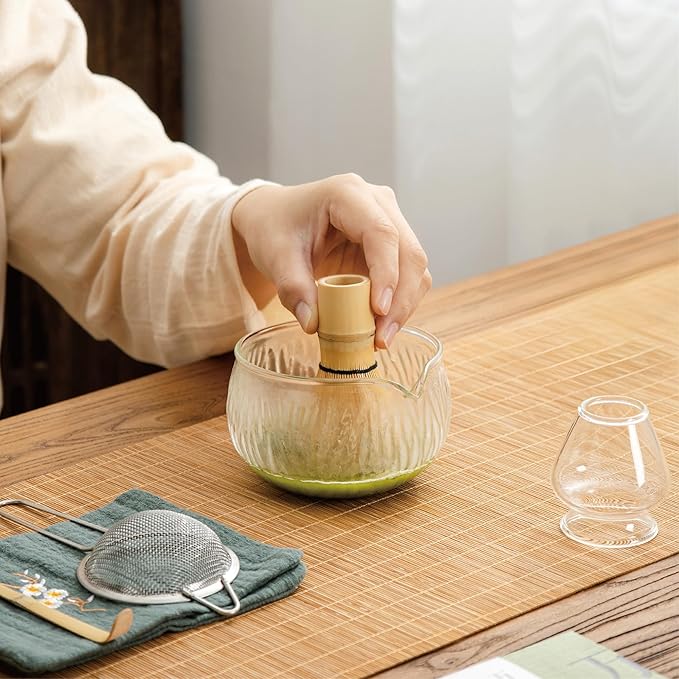 10 Pcs Matcha Whisk Set, 500 ml/18 oz Glass Matcha Bowl and Whisk Holder & Measuring Cup, Bamboo Matcha Scoop & Stainless Sifter, Japanese Ceremonial Matcha Tea Making Tools Kit
