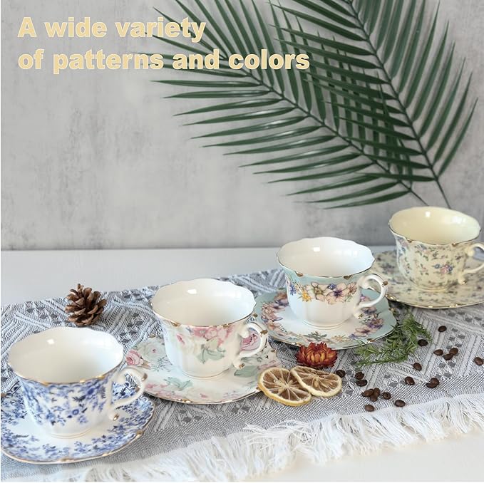 Vintage Floral Porcelain Tea Cup and Saucer Set with Spoon, Gold Trim, 6.4 oz – Set of 2, Beige – Tea & Espresso & Coffee Cups (2, Beige)