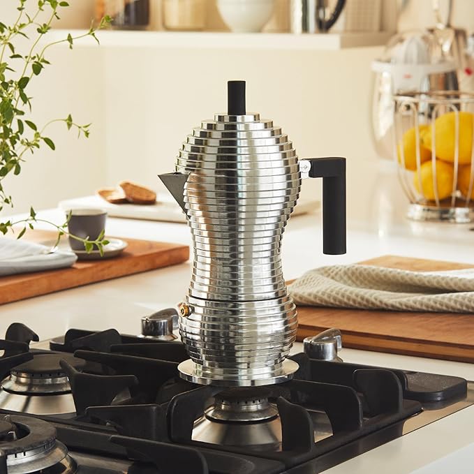 Alessi MDL02/6 B "Pulcina" Stove Top Espresso 6 Cup Coffee Maker in Aluminum Casting Handle And Knob in Pa, Black