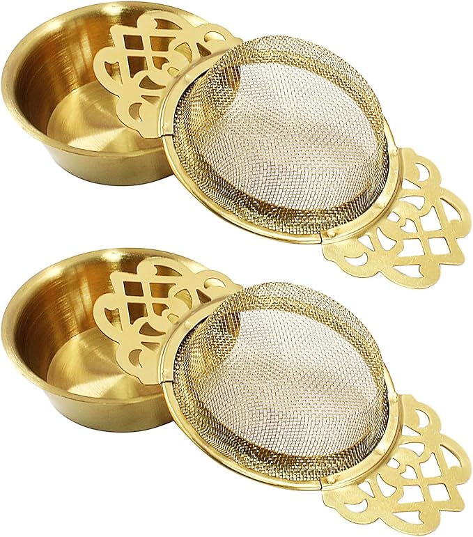 2 Pack Tea Strainers with Drip Bowls, Stainless Steel Tea Strainer Bowl Loose Leaf Tea Filter for 2.5-4 Inch Cup Mouth (Gold)