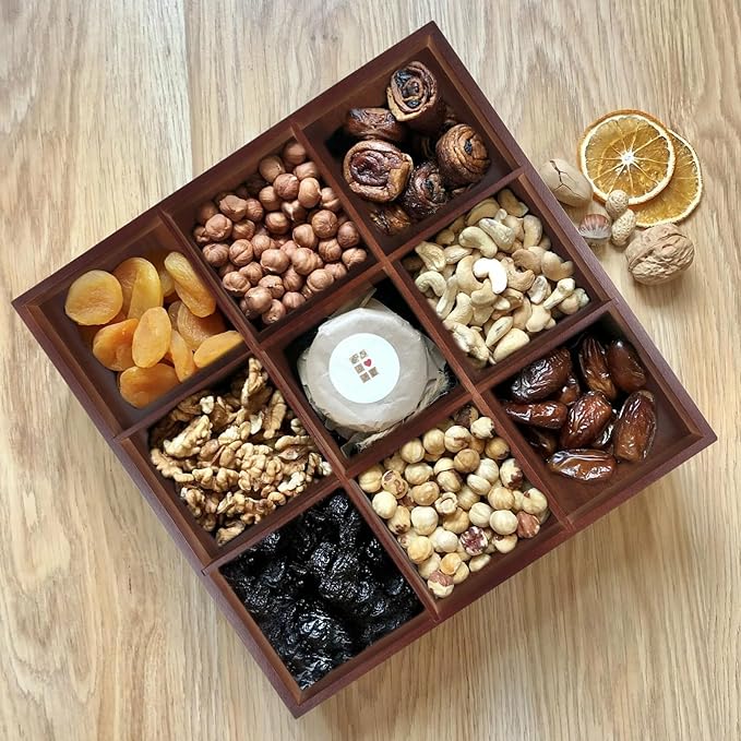 FUNSUEI 2 PCS Multi Compartment Wooden Tray, Divided Wooden Tray, Bamboo Serving Tray with 9 Sections, Wood Divided Snack Tray Storage Box for Appetizers, Jewelry, 12 x 12 x 1.85 Inch