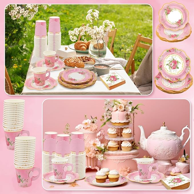 200Pcs Floral Tea Cups and Saucers for Tea Party Supplies, Disposable Tea Cups with Handle and Paper Napkins Dinnerware for Floral Theme Birthday Wedding Bridal Shower Baby Shower(Pink)