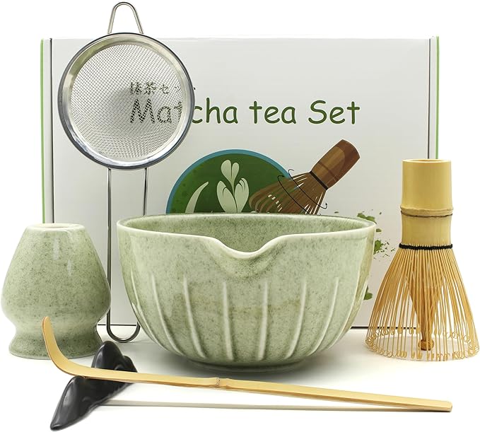 Matcha Whisk Set 7 Pcs - Ceramic Matcha Set with Bowl, Whisk, Holder, Bamboo Scoop, Rest, Sifter, and Tea Towel – Elegant Matcha Kit Gift for Women
