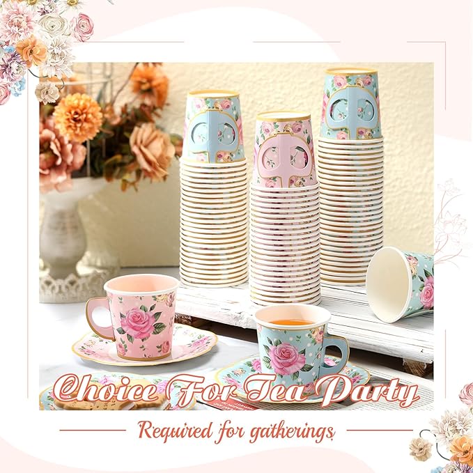 Umigy 36 Sets Tea Party Decorations 6.5 oz Floral Paper Tea Cups with Handle and Plates Disposable Blossom Teacups and Saucers Sets for Girls Kids Birthday Garden Wedding Party Supplies(Blue Pink)