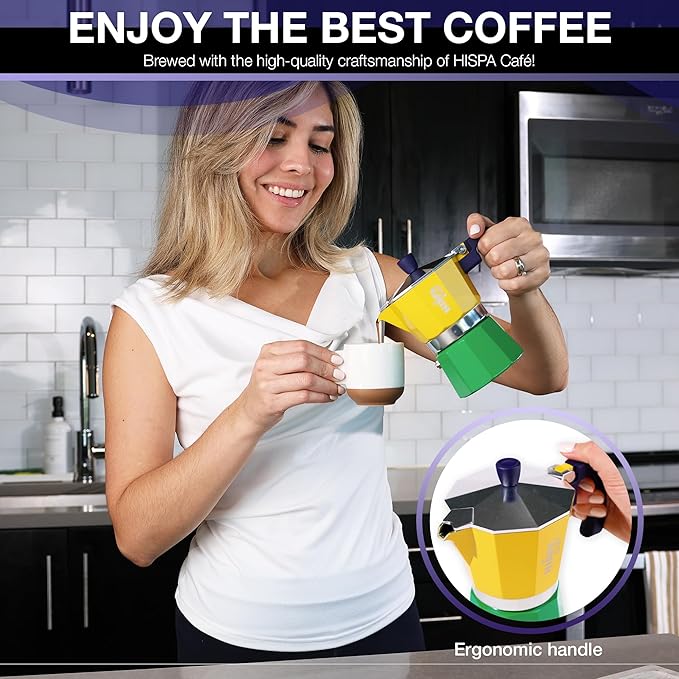 Stovetop Espresso Coffee Maker Moka Pot, 3 Espresso Cups (6 oz.), Aluminum, Silver, Green, Blue and Yellow, Brazil Themed, Cafeteira, Cafetera