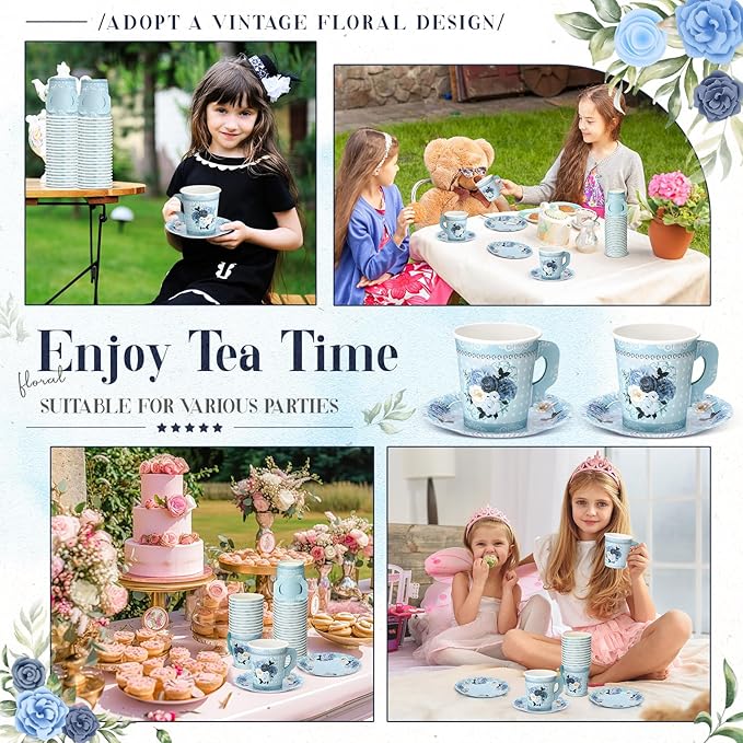 200 Pcs Floral Paper Tea Cups and Saucers 7 oz Disposable Tea Party Decorations Vintage Cute Paper Tea Cups and Plates with Handles for Girls Wedding Baby Bridal Shower Birthday, Serve 100(Blue)