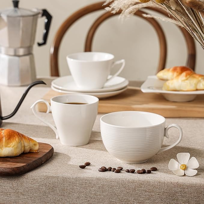 4pcs White Coffee Cups with Saucers, 10oz Ceramic Cappuccino Cups, Microwave & Dishwasher Safe, for Home, Cafe
