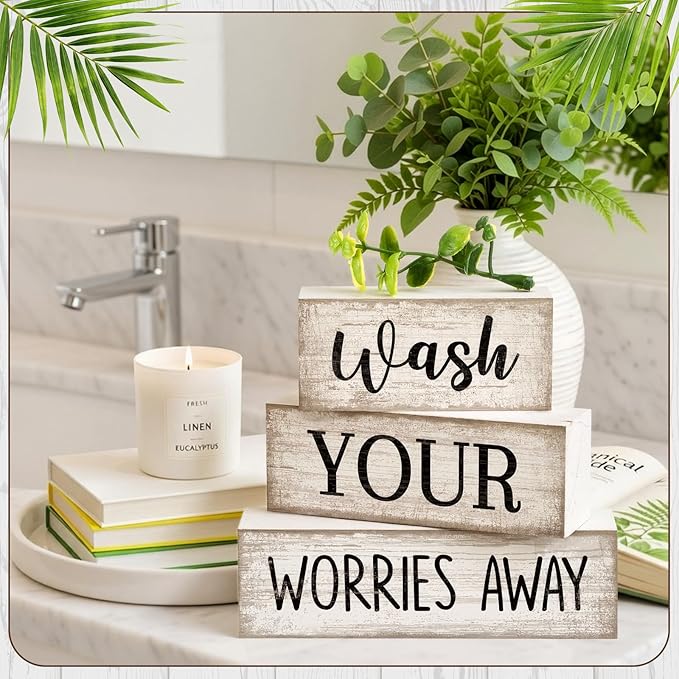 Moucuny 4 Pcs Bathroom Decor Wash Your Worries Away Sign Funny Bathroom Laundry Room Decor and Accessories Rustic Eucalyptus Leaves Block Signs Funny Toilet Washroom Table Centerpiece for Home Toilet
