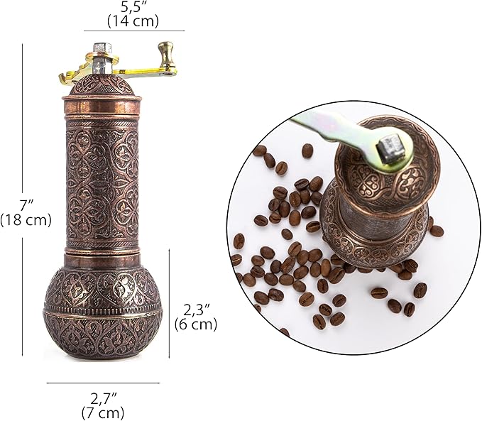 Decorative Handmade Coffee Grinder, Refillable Turkish Pepper Mill, Manual Coffee Mill with Handle, Coffee Grinder Metal with Hand Crank 18 cm-7.1 inch