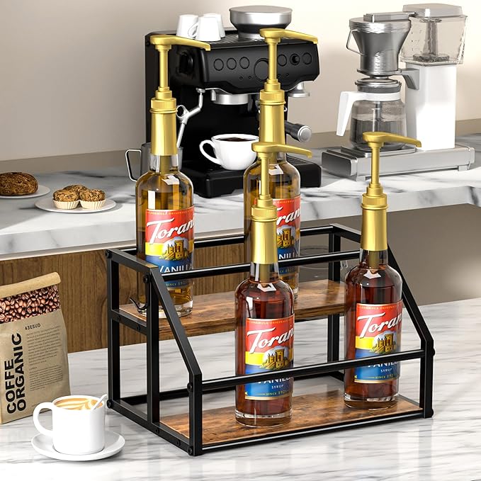 Coffee Syrup Rack Organizer, Syrup Bottle Holder Stand for Coffee Bar, 2-Tier 8 Bottles Storage Shelves for Syrup, Wine, Dressing for Kitchen Countertop, Rustic Brown & Black