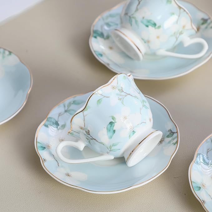 Porcelain Demitasse Cup Set of 6 (12-Piece) - 2.5oz Artisan Embossed Floral Cups and Saucers with Gold Trim for Turkish Coffee, Gift
