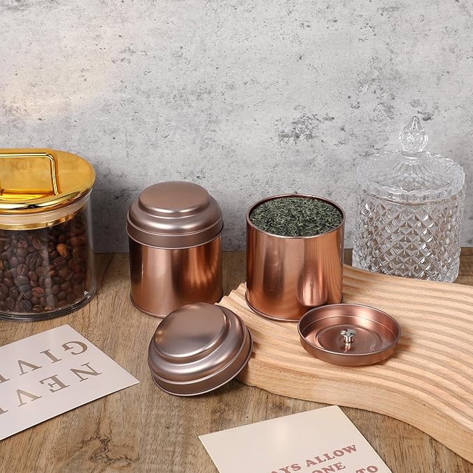 12 Pack Tea Tins Canister With Airtight Double Lids, 8 fl oz Round Mini Tea Storage Containers For Loose Leaf, Coffee, Spices and Sugar, Rose Gold