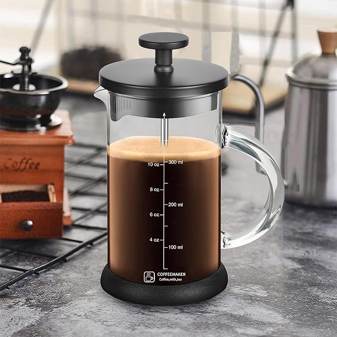 French Press Coffee Maker 12 Ounce Espresso Tea Coffee Maker with 4 Filters System, Stainless Steel Plunger and Heat Resistant Borosilicate Glass BPA-Free Brewed Tea Pot Coffee Plunger
