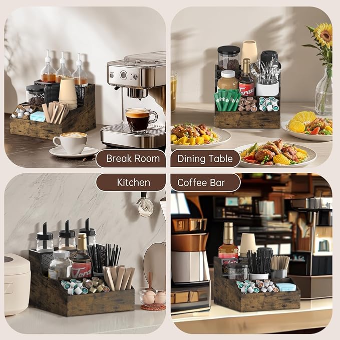 Coffee Station Organizer for Countertop, Wood Coffee Bar Organizer, Tea Condiment Storage for Pods, Syrup, Cups, Stirrer, Tea, Kitche Office Countertop, Brown