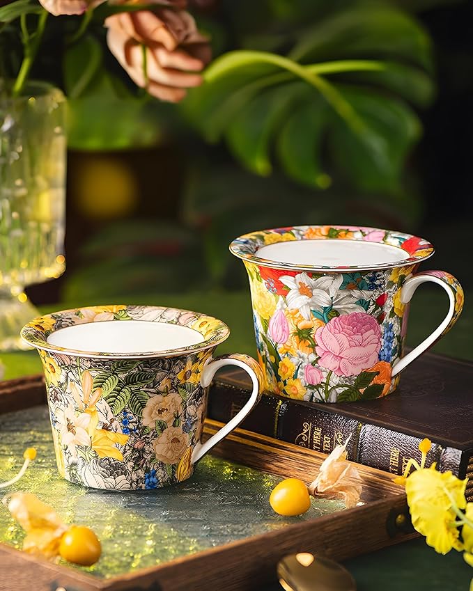 15oz Ceramic Coffee Mug – French Vintage Garden Style Cup with Multicolor Floral Design & Gold Rim, Artistic Pottery Gift Mug for Women