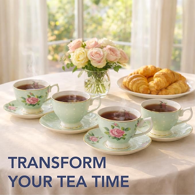 BTaT- Floral Tea Cups and Saucers, Set of 4, 8 oz, Fine Porcelain Teacup Set with Gold Trim for Afternoon Tea, Weddings, Parties & Gifting, Dishwasher Safe, Lightweight, Non-Toxic