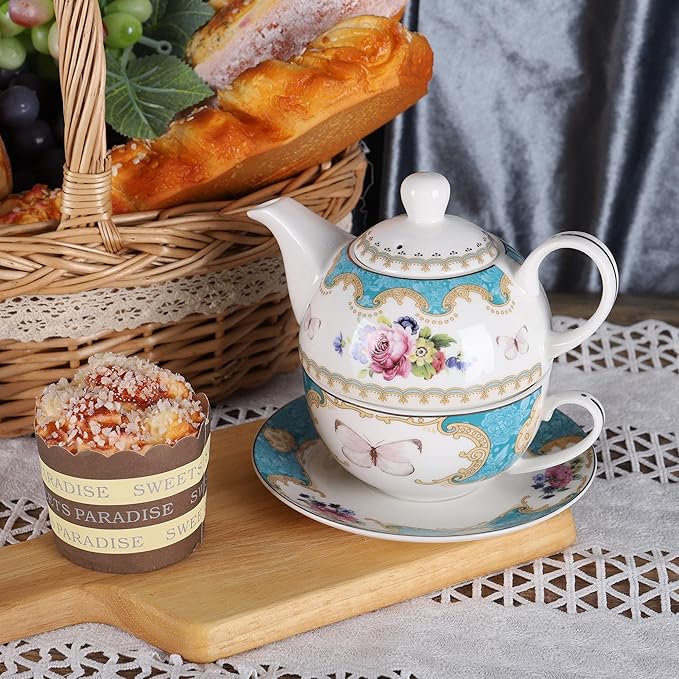 fanquare English Porcelain Tea for One Set, Floral Teapot with Cup, Blue Tea Cup and Saucer Set