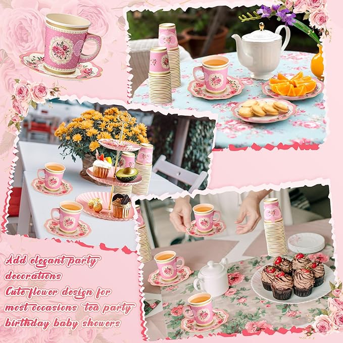 Tioncy 100 Pcs Tea Party Decorations Include 50 Pieces 9 oz Paper Tea Cups with Handle and 50 Plates Disposable Teacups and Saucers Sets for Birthday(Floral)