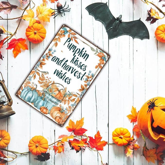 KanaAt Pumpkin Kisses and Harvest Wishes Metal Tin Sign Fall Decorations for Home Kitchen Farmhouse Porch Thanksgiving Party Wall Decor 8x12 inch, diany-m92 - Image 7