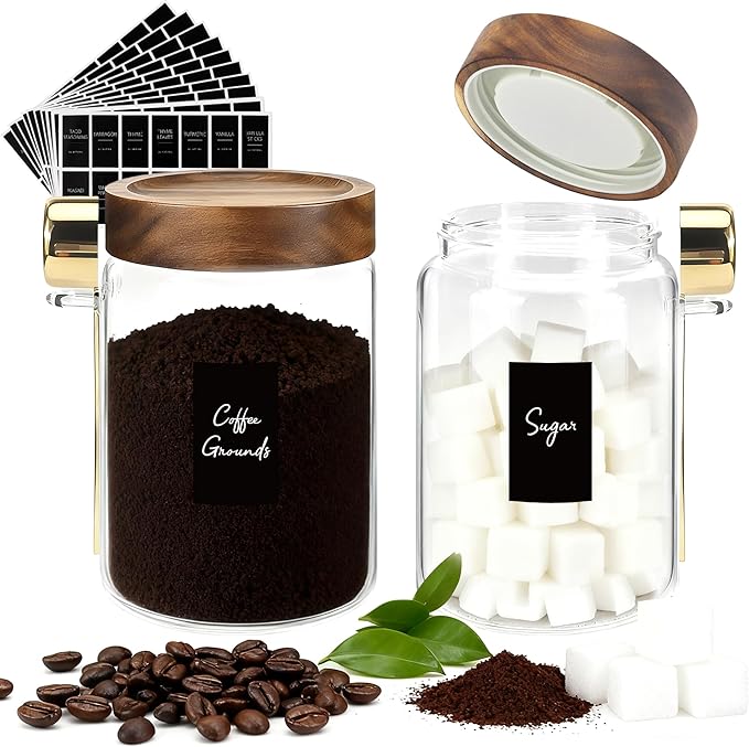 Airtight Glass Storage Jar with Lids Spoons Labels Coffee Ground Canister Sugar Container for Coffee Beans Nut Pasta Sugar Candy Spice Rice Loose Tea(900ml/30oz-2Pack)