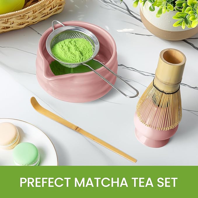 Matcha Whisk Set and Bowl, Matcha Making Kit Whisk, Bowl With Spout, Sifter, Ceramic Whisk Holder, Spoon Japanese Tea Powder Starter Tools For Ceremony Gift (Pink, 9 Pack)