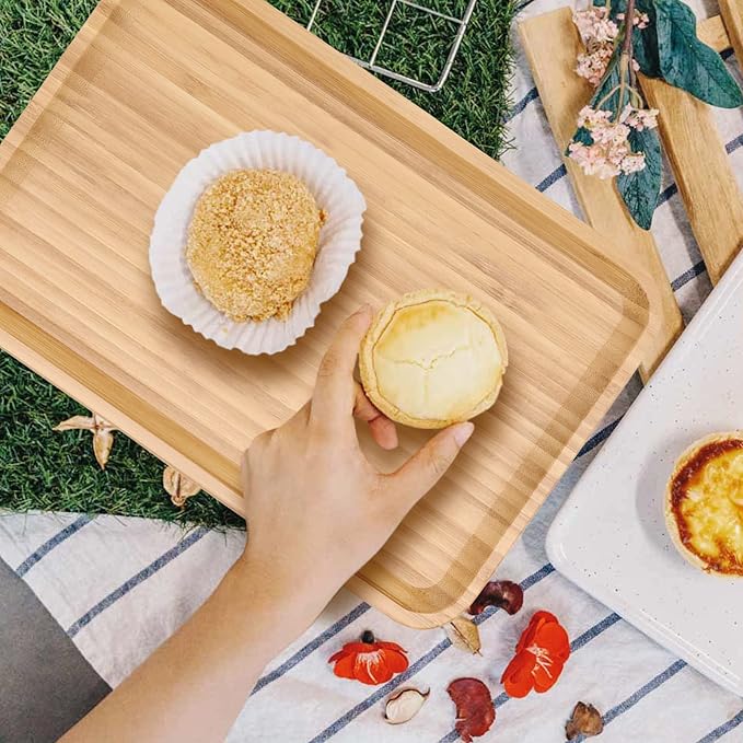 PINGEUI 4 Pack Bamboo Vanity Tray, Bamboo Wooden Serving Tray Counter Tray, Bamboo Rectangular Platter Bamboo Dresser Vanity Tray for Jewelry, Tea, Soap, Coffee, Food, 11.4 x 7.8 x 0.8 Inch