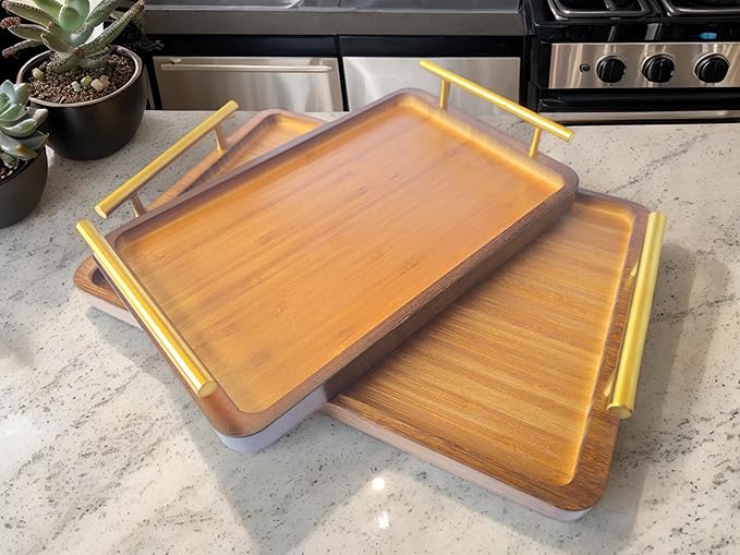 Bamboo Serving Tray with Gold Handles - Large Wood Serving Tray for Breakfast in Bed, Coffee Table, Dinner & bar - Decorative Bed Table Tray for Kitchen or Bedroom(14" x 9.5" x 2")
