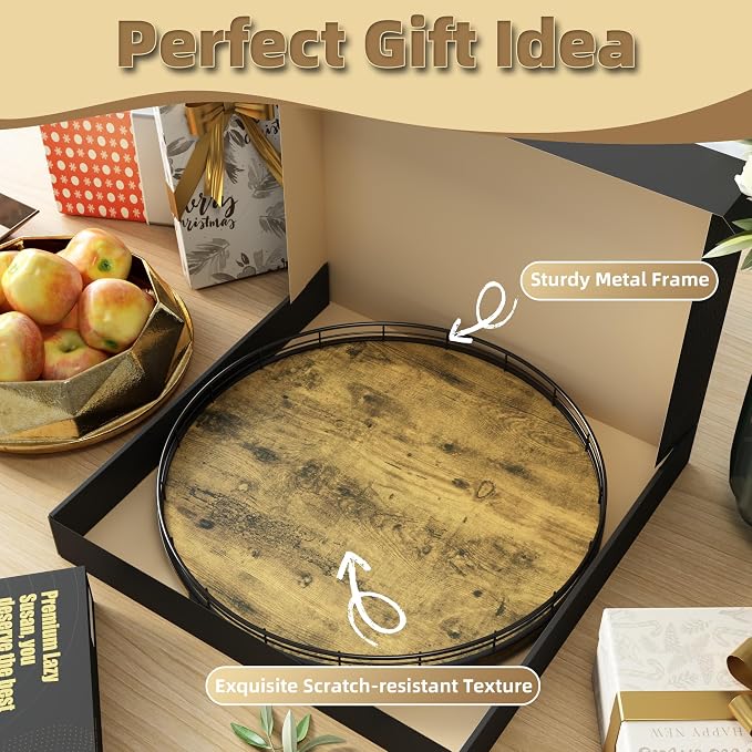 Lazy Susan Turntable Organizer for Table Top, 16’’ Round Wooden Lazy Susan for Cabinet Kitchen Countertop Pantry Dining Coffee Table for Condiments Spices, Rustic Bathroom Vanity Tray for Soap Candle - Image 6