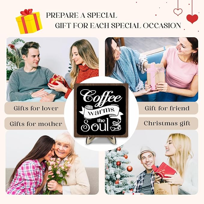Coffee Bar Sign Plaque, Vintage Café Decor for Kitchen, Rustic Farmhouse Cafe Accessories, Themed Wall Sign for Home - Coffee Warms the Soul - Gift Idea (Black&Brown4, 5.9x5.9inches)