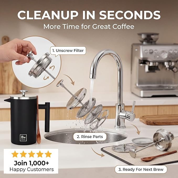 Barista Warrior French Press Coffee Maker Stainless Steel with Built-In Thermometer - Insulated Double Wall Design, Dual Filter System, Stay-Cool Handle & Wood Spoon - Black