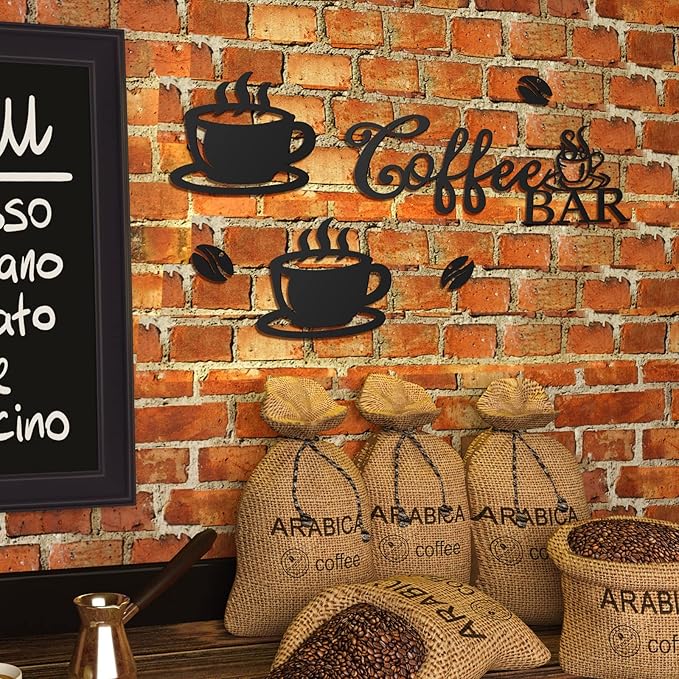Ferraycle Coffee Bar Rustic Metal Sign Rustic Coffee Bar Hanging Wall Decor Coffee Signs for Coffee Bar Metal Coffee Wall Art for Coffee Bar Home Office Kitchen (Coffee Bar, Bean and Cup Style)