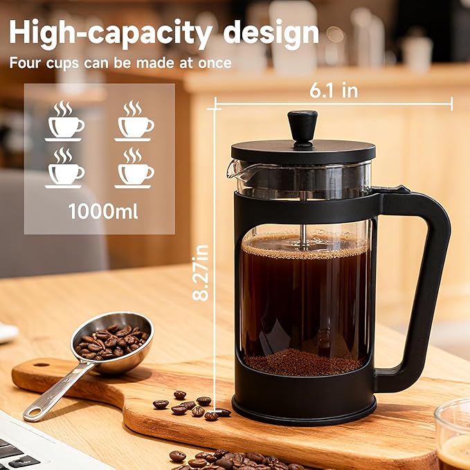 French press, borosilicate glass French press coffee maker, 3 layer stainless steel tea press,34oz large french press, suitable for home, office, kitchen, travel, fashion black