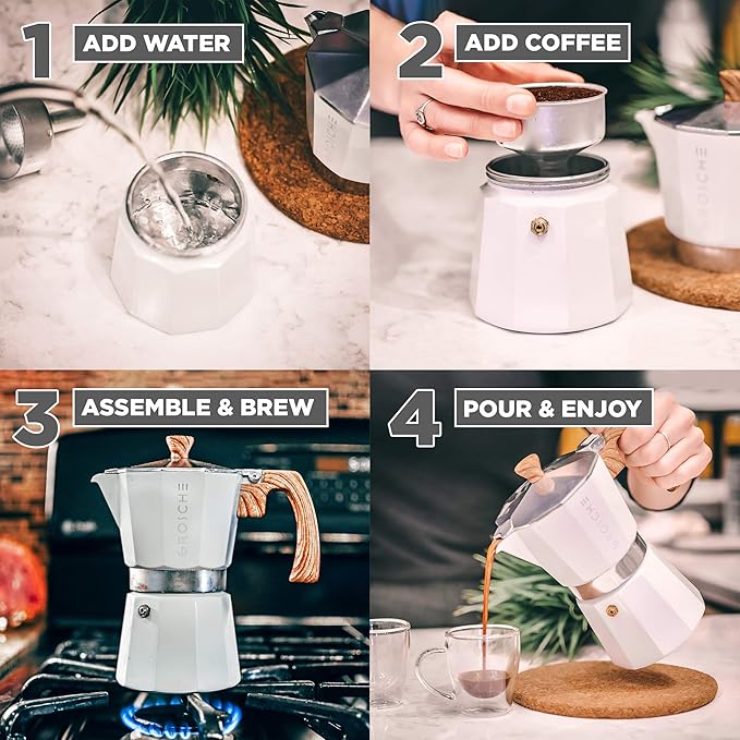 GROSCHE Milano 6 espresso cup white moka pot & 3 spare stove top espresso maker gaskets & 1 spare filter screen & 1 spare moka pot funnel bundle