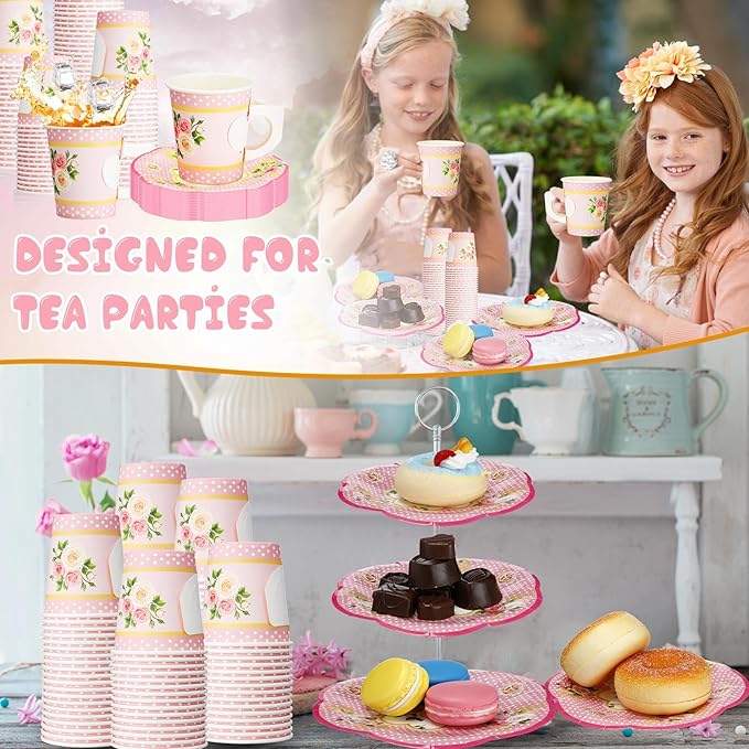100 Pcs Tea Party Decorations Includes 50 7 oz Paper Tea Cups with Handle 50 Vintage Floral Plates Disposable Tea Cups and Saucers for Wedding Spring Party Birthday Hot Cold Drinks(Pink)