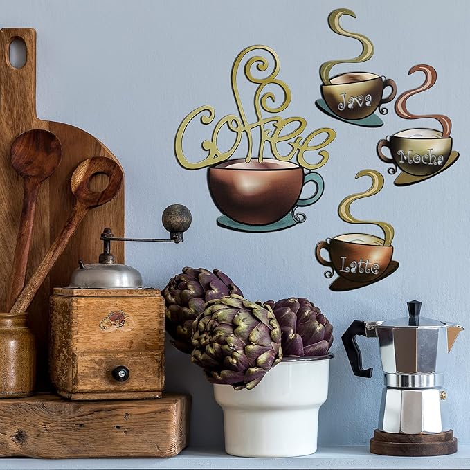 4 Pieces Metal Coffee Cup Wall Decor Coffee Bar Decor Cafe Themed Wall Art Decoration Vintage Cup Signs for Kitchen Decorations Shop Restaurant Lounge Decorations(Brown)