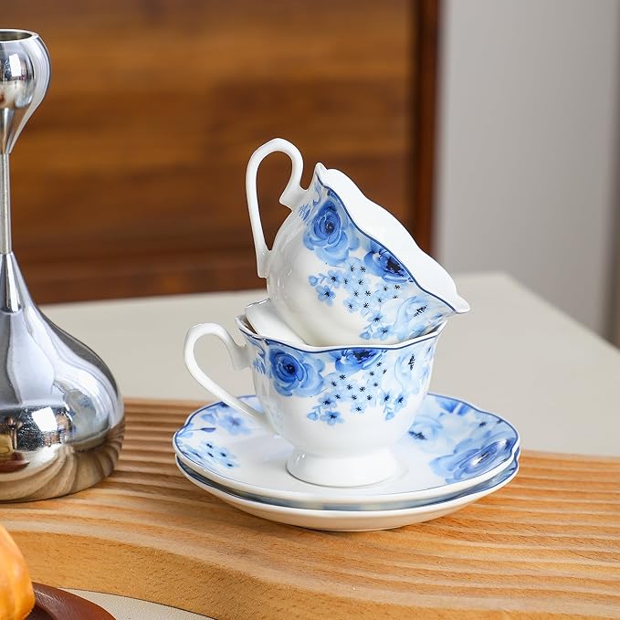 Porcelain Demitasse Espresso Cup and Saucer Set of 6 (12-Piece) - 2.5oz Cups with Classic Blue Floral Pattern, Dishwasher & Microwave Safe